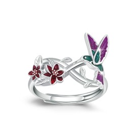 ABIGY Hummingbird Ring for Women 925 Sterling Silver Infinity Purple Hummingbird Open Finger Ring Flower Rings Adjustable Hummingbirds Jewellery Birthday Gifts