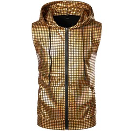 ZEROYAA Mens Hipster Metallic Sequins Zip Up Sleeveless Hooded Vest T Shirt with Kangaroo Pocket ZLSV17 Gold X-Large