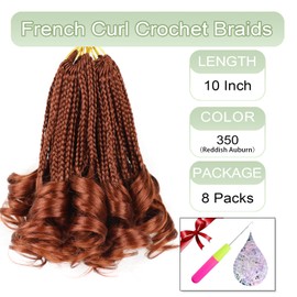 French Curl Braiding Hair Crochet Braids Ginger Box Braids Crochet Hair for Black Women Copper Red French Curls Hair Extensions(350, 10 Inch)