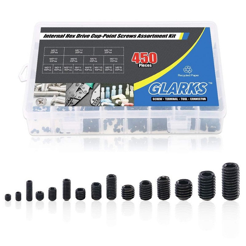 TOP-VIGOR 450Pcs Grub Screw Assortment Set, M3/M4/M5/M6/M8 Hex Socket Head