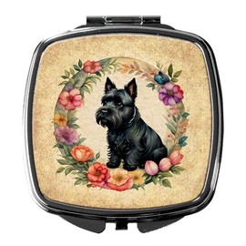 Caroline's Treasures Scottish Terrier and Flowers Compact Mirror Decorative Travel Makeup Mirror for Women Girls Gifts Pocket Makeup Mirror Folding Handheld