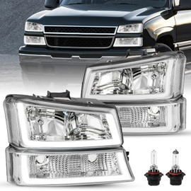 JSBOYAT U Shape LED DRL Headlight Assembly Compatible with 2003-2006 Chevy Silverado 03-06 Avalanche with Bumper Lights 4pc Chrome Housing with Clear Reflector