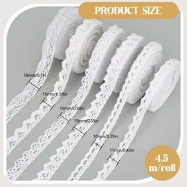 6 Rolls Lace Ribbon White Vintage White Lace Trim, Cotton Decorative Ribbon Lace Trim, Vintage Lace Ribbon for Wedding Decorations, Sewing Crafts, 4.5 m/Roll