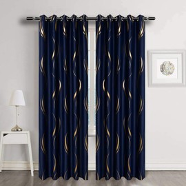 MYRU 1 Pair Luxury Wave Pattern Striped Blackout Curtains with Gold Foil Design, Grommet Top, Thermal Insulated Window Drapes(Navy and Gold, 2 Panels 54 x 95 Inch)
