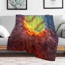 Softball Fire and Ice Decor Throw Blanket Gifts for Girls Boys Super Warm Soft Plush Lightweight Bedding Blankets for Couch Bed Sofa Office Decor All Season 50"X40"