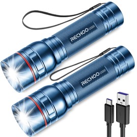 RECHOO Rechargeable Flashlights High Lumens, Super Bright Flash Light 2 Pack, Small Zoomable LED Flashlight with 3 Lighting Modes, Portable Tactical Flashlight for Camping Essentials (Blue)