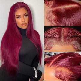 ULRICA Burgundy Human Hair Wig 99J Burgundy Lace Front Wigs Human Hair Wigs for Black Women 32 Inch 13x4 HD Lace Straight Burgundy Wig Pre Plucked Red Lace Front Wigs 180% Density