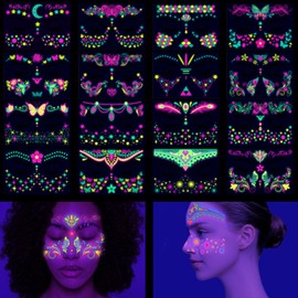 16 Sheets Fluorescent Tattoo Sticker, Fake Tattoos, Temporary Tattoos Adult Women, Temporary Face Tattoos Suitable for Bar Party Supplies (Colorful)