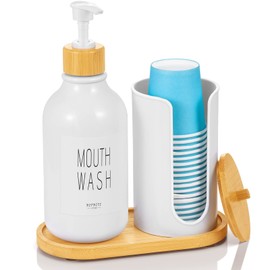 VITVITI Mouthwash Dispenser for Bathroom, Mouth Wash Pump Bottle with Paper Cup Holder, 17Oz Refillable White Mouthwash Container with Bamboo Lid/Tray/Label