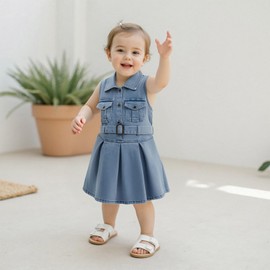 Aiwpstoin Toddler Girls Denim Dress Sleeveless Collared Neck Jean Shirt Dress Little Girl Dresses with Belt (Blue, 3-4 Years)