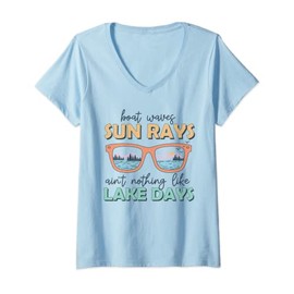 Women's Boot Waves Sun Rays Summer Time Pontoon Boat See Trip Life V-Neck T-Shirt, blue
