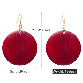 KaFu Dangle Natural Wood Teardrop Geometric Circle Earrings Stainless Steel Stud Bohemia Retro Earrings for Women (Wine red-Round)