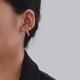 Bow Earrings for Women Trendy Rhinestone Bow Stud Earrings Gold Bow Dangle Earrings for Women Long Crystal Tassel Drop Earrings Prom Wedding Earrings Christmas Gifts Stocking Stuffers