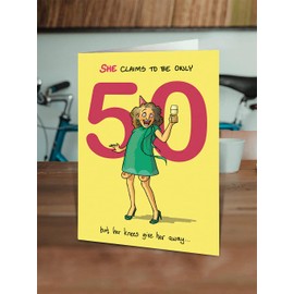 Brainbox Candy - Hilariously Funny 50th Birthday Card - 'Claims To Be 50' - Age 50 - Fiftieth Birthday - Silly Cheeky Cards For Her Ladies Women Friends