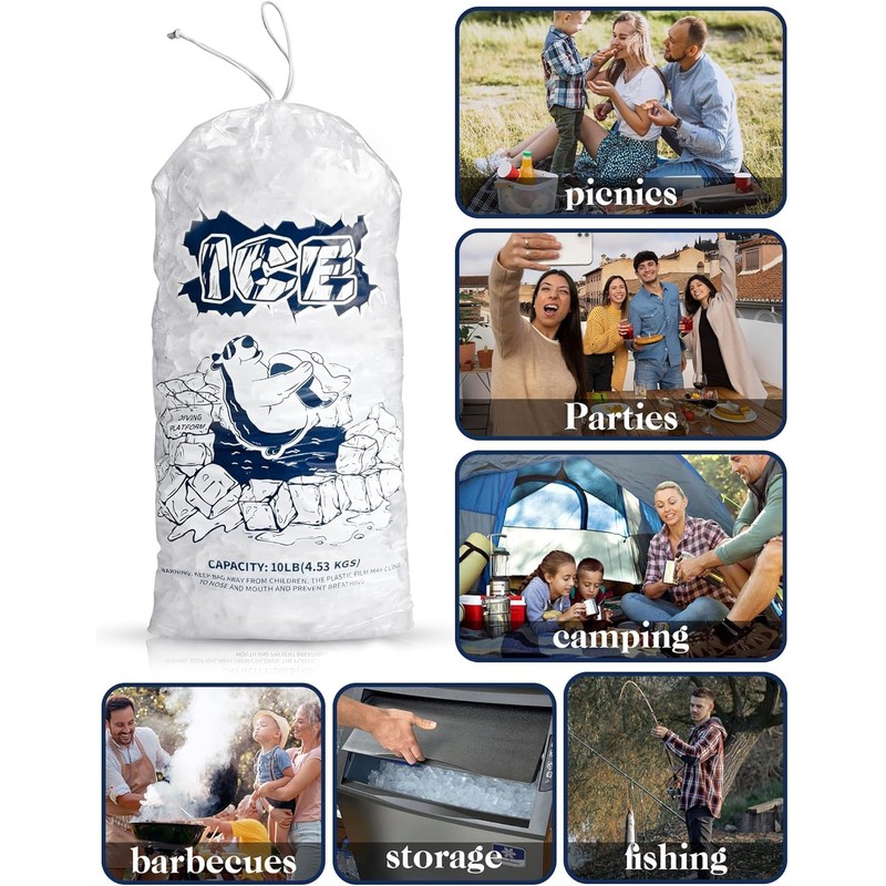 Plastic Ice Bags 5lb with Drawstring, 100 Pack for Ice