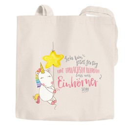 Moonworks® Shopping Bag with German Text "Ich bin jetzt fertig mit erwachsen werden lass und Einhörner sein Einhörner sein" [German Language] Moonworks® Natural with