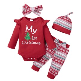 Verve Jelly My First Christmas Baby Girl Outfit Newborn Baby Xmas Clothes Long Sleeve Romper Snowflake Long Pants Hat Headband 4Pcs Fall Winter Clothes Set Red 0-3 Months