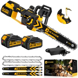 JEXUGK 12" Brushless Chainsaw, 21V Cordless Chainsaw with 2 x 4.0Ah Battery, Electric Motosierra De Gasolina with 2 x Chains & Guide Plate, Eléctrica Rechargeable Saw for Wood Cutting Trimming Branch