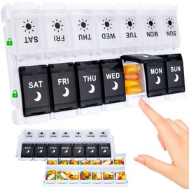 Pill Boxes 7 Day 2 Times a Day, Weekly AM PM Pill Box with Snap Shut Lids Design, 14 Compartments Tablet Organiser for Hold Vitamins and Medication (Black)