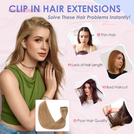 Elailite Hair Extensions Clip in Real Hair Human Hair Remy Natural - 8 Pieces Invisible Thin Weft Full Head Straight - #27 Dark Blonde - 20 Inch (70 g)