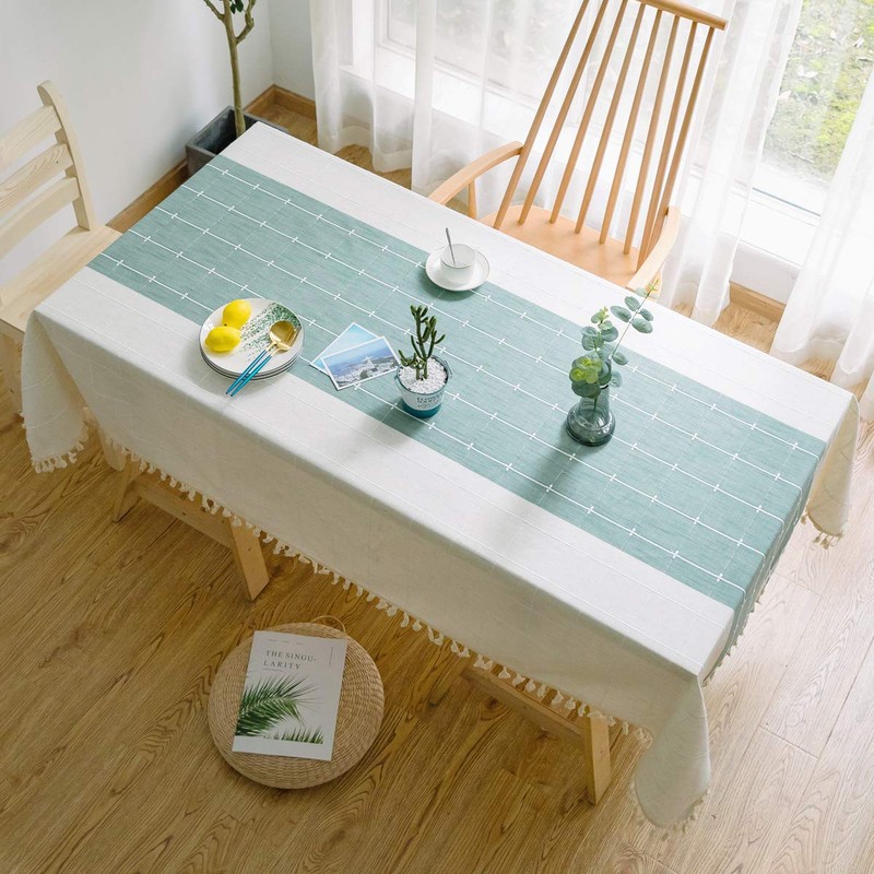 JaeMoose Solid Rectangular Cotton Linen Tablecloth with Tassels for Kitchen