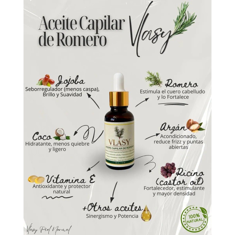 Vlasy, Romero Aceite Capilar, Estimula Cuero Cabelludo 30 Ml