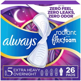 Always Almohadillas radiantes FlexFoam para mujer, tamaño 5, absorción extra pesada durante la noche, protección 100% libre de fugas y olores posible, con alas, aromatizadas, 26 unidades