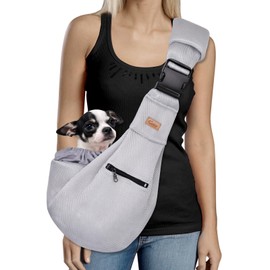 CUBY Dog and Cat Sling Carrier - Hands Free Breathable Mesh Small Dog Sling Carrier-Soft Pouch and Tote Design-Suitable for Puppy, Small Dog Cat Pets Carriers Sling Outdoor(Grey-Mesh,Adjust Strap 2.0)
