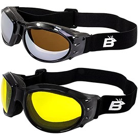 Birdz Eagle Red Baron Style Motorcycle Padded Airsoft Goggles Yellow & Driving Mirror Lens for Day & Night Riding Comfort Perfect Googles for Any Weather Condition