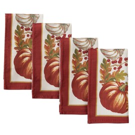 Newbridge Thanksgiving Autumns Bounty Bordered Square Fabric Napkins, Set of 4 Napkins, Bountiful Farm Pumpkin Fall Harvest Multicolor Easy Care Fabric Napkins for Holiday Party