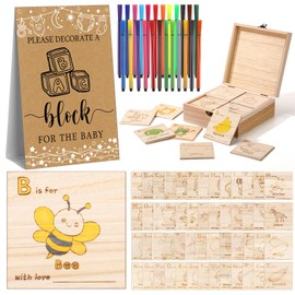 Marsui 78 Pcs Baby Shower Fun Decorate a Block Game Set 52 DIY ABC Letter Blocks 24 Watercolor Pen 1 Game Sign 1 Wooden Box with Hinged Lid for Gender Reveal Baby Shower Party Supplies(Kraft)