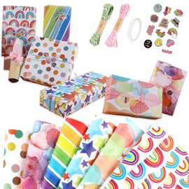 Gift Wrapping Paper 6 Sheets,Birthday Wrapping Paper 70 * 50cm for Boys Girls Adults with 1 Sheets Gift Sticker,1 Double-side Tape,2 rolls of colourful rope for Decoration Party DIY