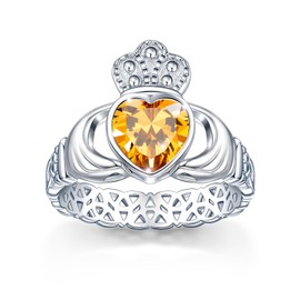 Claddagh November Citrines Birthstone Rings for Women 925 Sterling Silver Celtic Knot Promise Rings for Her Anniversary Statement Engagement Wedding Ring Band Irish Jewelry Birthday Gifts Size 7