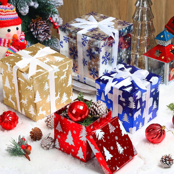 Fuyoooo 4 Pcs Christmas Gift Boxes with Lids Ribbons Xmas