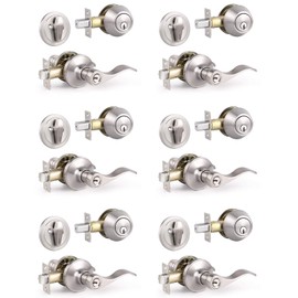 6 Pack Entry Lock with Single Cylinder Handleset Satin Nickel, Keyed Alike(Combo Pack), Wave Style Door Lever Lockset for Entrance Front Bed/Bath Doors