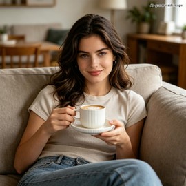 Vitrignis 8oz Cappuccino Cups With Saucers - Set Of 4 Latte Mugs With Saucers - White Cream Ceramic Coffee Mugs For Latte, Au Lait, Flat White, Mocha, Tea, Embossed Coffee Cups