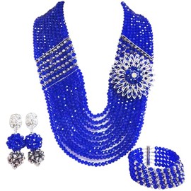 aczuv 10 Rows African Beads Jewelry Set for Women Nigerian Wedding Bridal Jewelry Sets (Royal Blue and Silver)