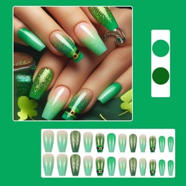 St. Patrick's Day Press on Nails Medium Coffin Fake Nails Green Gradient Glue on Nails Glossy Shiny Stick on Nails Reusable Full Cover Artificial Acrylic False Nails Kit Press on Nails for Women 24Pcs