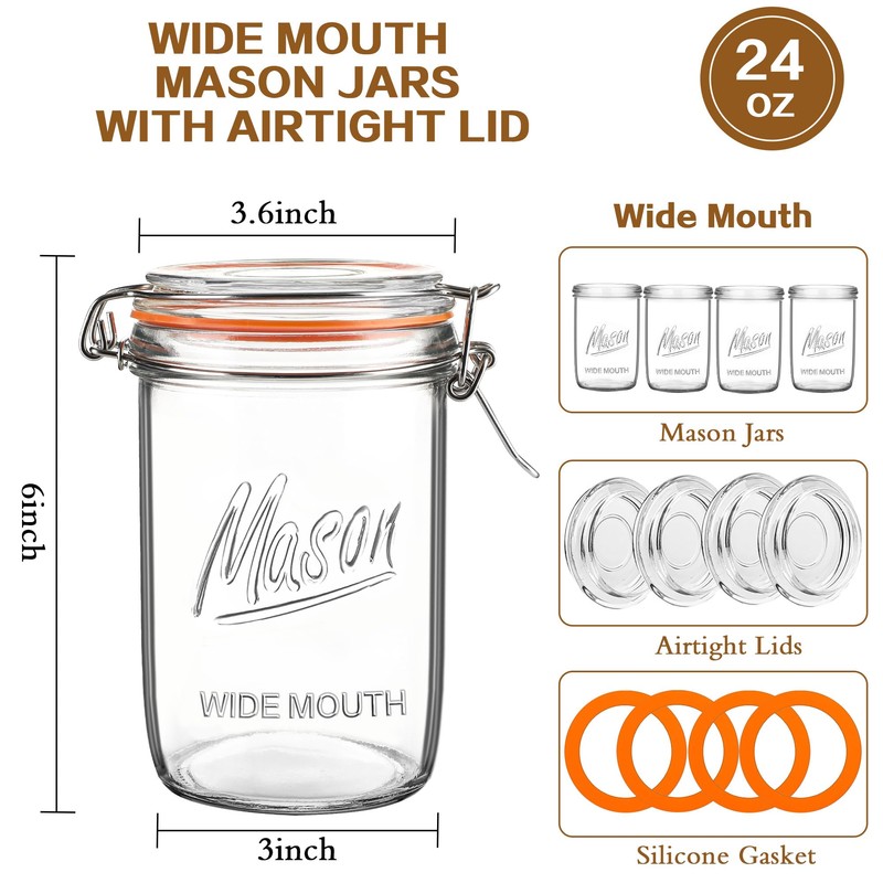 Jeitae 24oz Wide Mouth Mason Jars – 4 Pack Glass