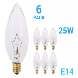 KOR (6 Pack) Clear Chandelier Bulbs 25W Watt European Base E14 Torpedo Tip 120V