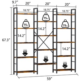 Shintenchi Triple Column 5 Tier Bookshelf, Industrial Large Bookcase with 14 Open Display Shelves, Large Etagere Bookshelf,Wide Book Shelf Book Case for Home & Office, Rustic Brown