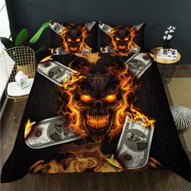 AILONEN Skull Duvet Cover Set King Size, Cool Fire Skull with Paper Money Bedding Set for Kids Boys Girls,Ghost Skull Comforter Cover,Skeleton Bones Duvet Cover,3 PCS,1 Quilt Cover and 2 Pillowcases