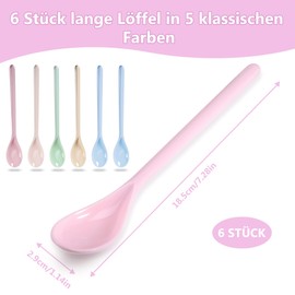 Plastic Spoons, Pack of 6 Colour Plastic Spoons, Long Egg Spoons, Plastic Spoons, Reusable Soup Spoons, Jam Spoons, Anti-Drops, Long Handle Spoon for Coffee, Drinks, Eggs, Ice Cream, Yogurt, 18.5 cm