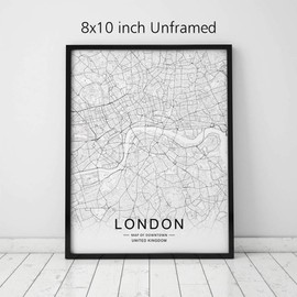 London City Downtown Map Wall Art London Street Map Print London Map Decor City Road Art Black and White City Map Office Wall Hanging 8x10 inch No Frame