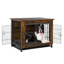 Shintenchi Wooden Dog Crate Furniture for Large Breed, L Double-Door Kennel Indoor with Removable Tray, End Table L Dog Crate for Decoration, 38.6" L, Brown