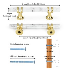 Rergy Cabinet Handles Marble Drawer Pulls and Knobs, 10Pack White Marble & Gold 3inch Hole Center, T-Bar Hardware for Kitchen Dresser Zinc Alloy Furniture