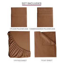 Lux Decor Twin Sheet Set - 4 PC Brushed Microfiber Bed Sheets 16 Inches Deep Pockets - Embroidered & Plain Pillowcases - Hotel Luxury Sheets Twin Size Bed Set - Soft Bedding Sheets (Brown)