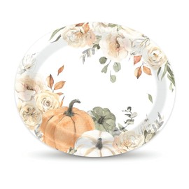 50 Pieces Watercolor Pumpkin Disposable Oval Paper Plates Floral Fall Harvest Heavy Duty Plate Tableware Large Thanksgiving Wedding Picnic Dinner Serving Platters Party Supplies