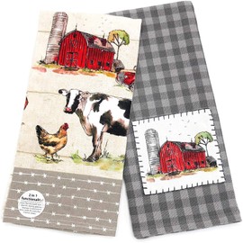 Kay Dee Designs Country Life Dual Purpose Terry Towel & Appliqued Tea Towel Kitchen Dishtowel Set of Farm Animals & Big Red Barn for Cleaning, Drying, Polishing and Baking