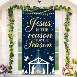 Jesus is The Reason for The Season Door Cover, Christmas Jesus Religious Door Cover, Xmas Holy Night Door Backdrop Christian Hanging Door Banner Decorations for Christmas Party